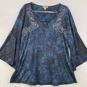 One World sz XL Blue Tie Dye Floral Flare Sleeve Stretch Knit Top Boho Festival